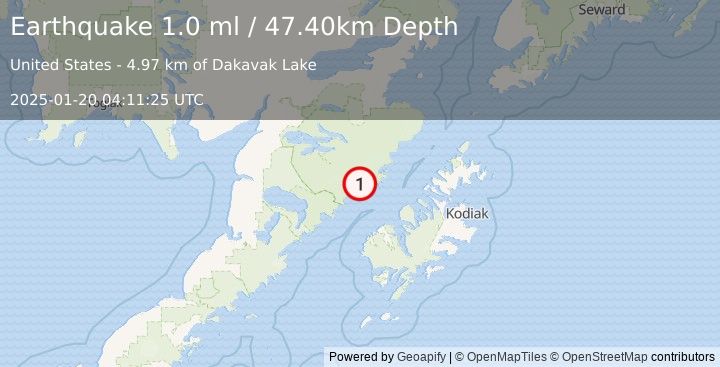 Earthquake 65 km NNW of Karluk, Alaska (1.0 ml) (2025-01-20 04:11:25 UTC)