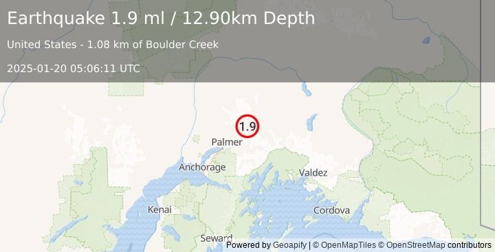 Earthquake 4 km N of Chickaloon, Alaska (1.9 ml) (2025-01-20 05:06:11 UTC)