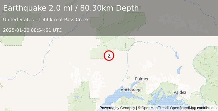 Earthquake 39 km WSW of Petersville, Alaska (2.0 ml) (2025-01-20 08:54:51 UTC)