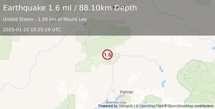 Earthquake 45 km NNE of Petersville, Alaska (1.6 ml) (2025-01-20 10:25:19 UTC)