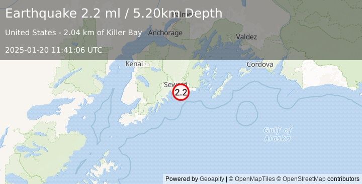 Earthquake 19 km SE of Lowell Point, Alaska (2.2 ml) (2025-01-20 11:41:06 UTC)