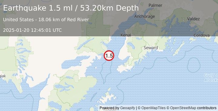 Earthquake 36 km W of Anchor Point, Alaska (1.5 ml) (2025-01-20 12:45:01 UTC)