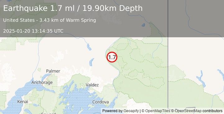 Earthquake 20 km ENE of Silver Springs, Alaska (1.7 ml) (2025-01-20 13:14:35 UTC)