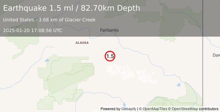 Earthquake 64 km SW of Harding-Birch Lakes, Alaska (1.5 ml) (2025-01-20 17:08:56 UTC)