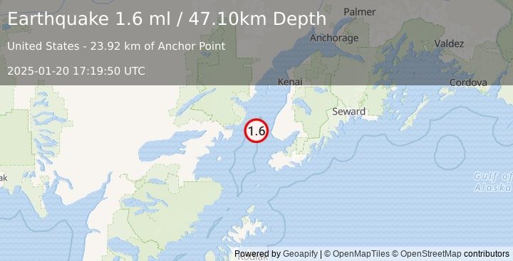 Earthquake 25 km W of Anchor Point, Alaska (1.6 ml) (2025-01-20 17:19:50 UTC)