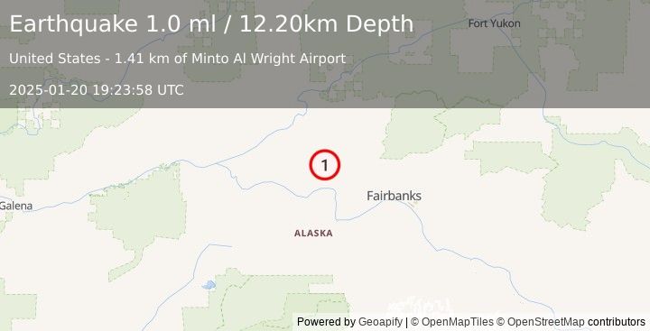 Earthquake 2 km WSW of Minto, Alaska (1.0 ml) (2025-01-20 19:23:58 UTC)