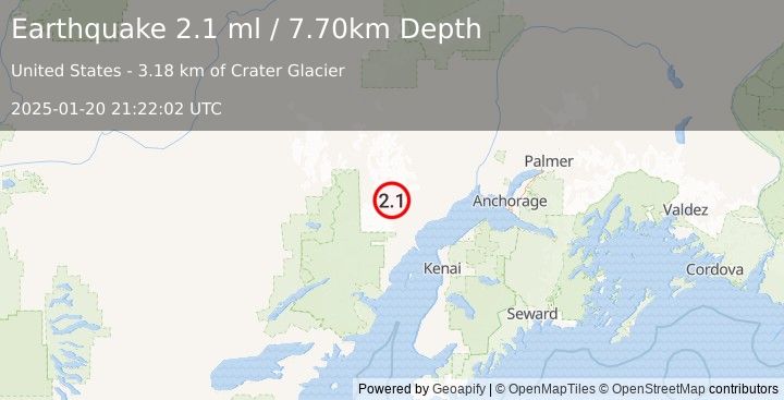 Earthquake 63 km WNW of Tyonek, Alaska (2.1 ml) (2025-01-20 21:22:02 UTC)