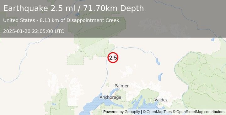 Earthquake 21 km ENE of Chase, Alaska (2.5 ml) (2025-01-20 22:05:00 UTC)