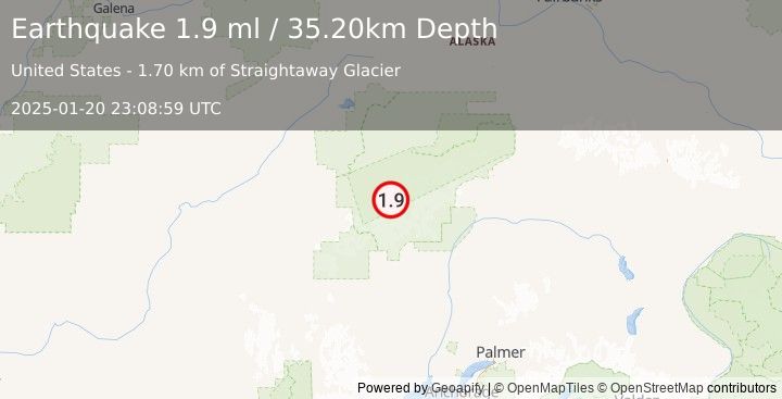 Earthquake 60 km SSE of Denali National Park, Alaska (1.9 ml) (2025-01-20 23:08:59 UTC)