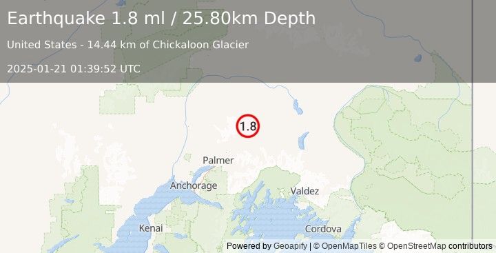 Earthquake 37 km NNE of Chickaloon, Alaska (1.8 ml) (2025-01-21 01:39:52 UTC)