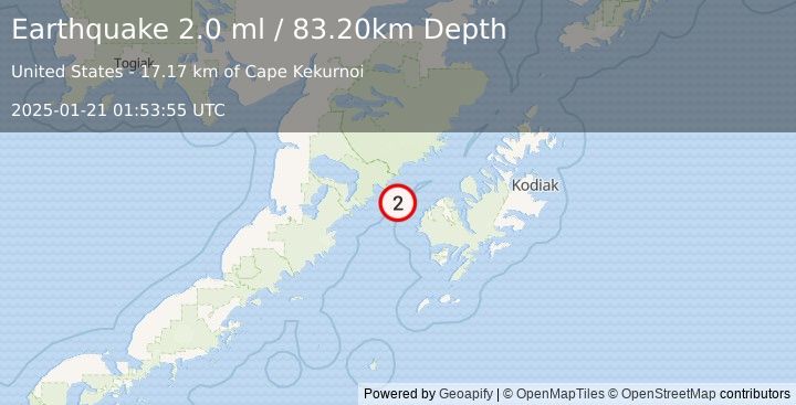 Earthquake 40 km W of Karluk, Alaska (2.0 ml) (2025-01-21 01:53:55 UTC)