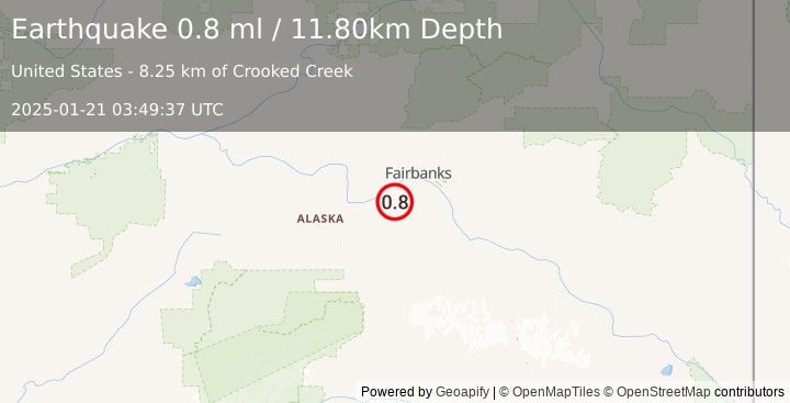 Earthquake 29 km SSW of Ester, Alaska (0.8 ml) (2025-01-21 03:49:37 UTC)