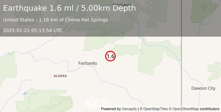 Earthquake 41 km ENE of Pleasant Valley, Alaska (1.6 ml) (2025-01-21 05:13:54 UTC)