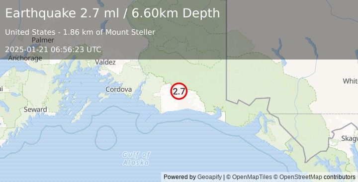 Earthquake 104 km S of McCarthy, Alaska (2.7 ml) (2025-01-21 06:56:23 UTC)