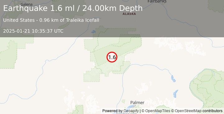 Earthquake 64 km SE of Denali National Park, Alaska (1.6 ml) (2025-01-21 10:35:37 UTC)