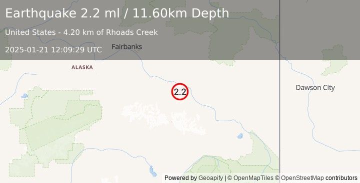 Earthquake 10 km ENE of Fort Greely, Alaska (2.2 ml) (2025-01-21 12:09:29 UTC)