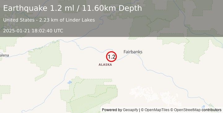 Earthquake 11 km NNW of Four Mile Road, Alaska (1.2 ml) (2025-01-21 18:02:40 UTC)