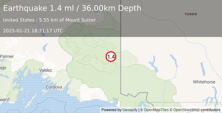 Earthquake 67 km ENE of McCarthy, Alaska (1.4 ml) (2025-01-21 18:31:17 UTC)