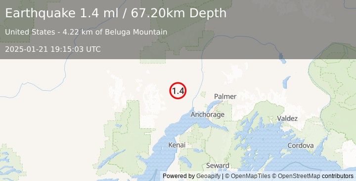 Earthquake 31 km SSE of Skwentna, Alaska (1.4 ml) (2025-01-21 19:15:03 UTC)