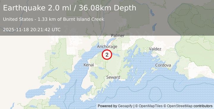 Earthquake 14 km W of Hope, Alaska (2.0 ml) (2025-11-18 20:21:42 UTC)