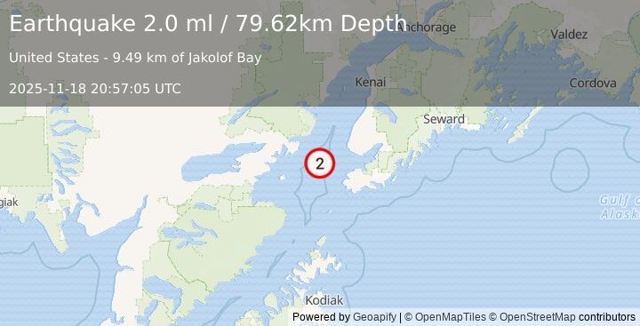 Earthquake 39 km WNW of Nanwalek, Alaska (2.0 ml) (2025-11-18 20:57:05 UTC)