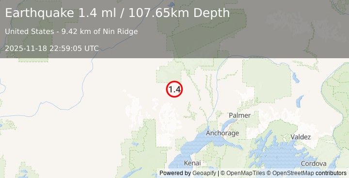 Earthquake 39 km WNW of Skwentna, Alaska (1.4 ml) (2025-11-18 22:59:05 UTC)