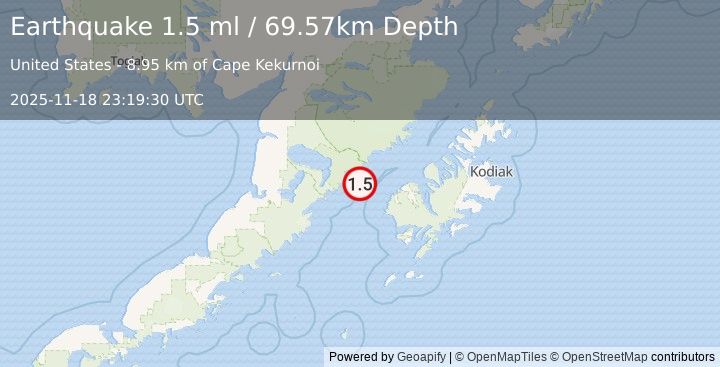 Earthquake 50 km W of Karluk, Alaska (1.5 ml) (2025-11-18 23:19:30 UTC)