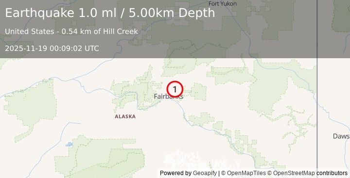 Earthquake 9 km ENE of Fox, Alaska (1.0 ml) (2025-11-19 00:09:02 UTC)