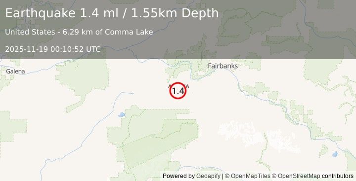 Earthquake 25 km W of Anderson, Alaska (1.4 ml) (2025-11-19 00:10:52 UTC)