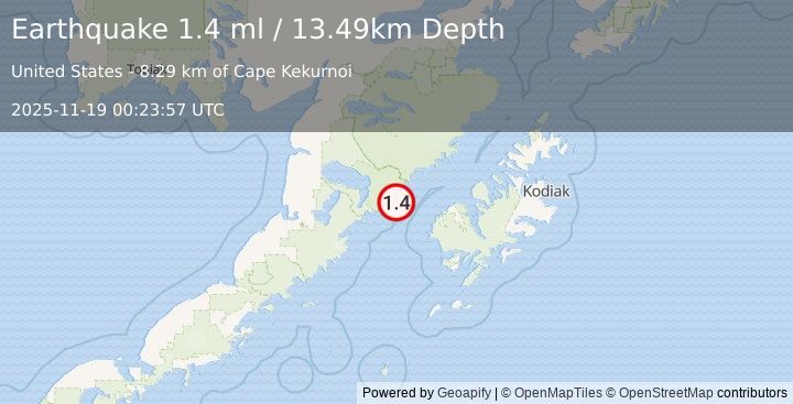 Earthquake 57 km W of Karluk, Alaska (1.4 ml) (2025-11-19 00:23:57 UTC)