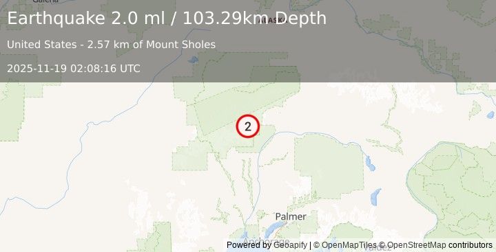 Earthquake 52 km NNE of Petersville, Alaska (2.0 ml) (2025-11-19 02:08:16 UTC)