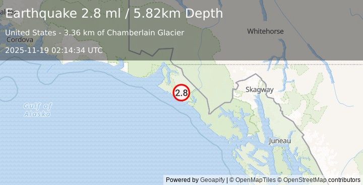 Earthquake 60 km ESE of Yakutat, Alaska (2.8 ml) (2025-11-19 02:14:34 UTC)