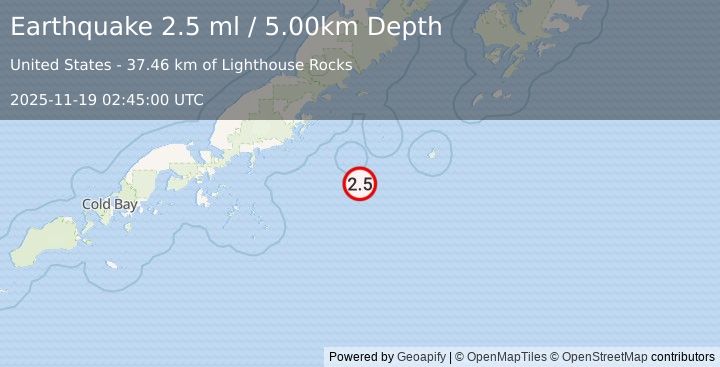 Earthquake 119 km SE of Chignik, Alaska (2.5 ml) (2025-11-19 02:45:00 UTC)