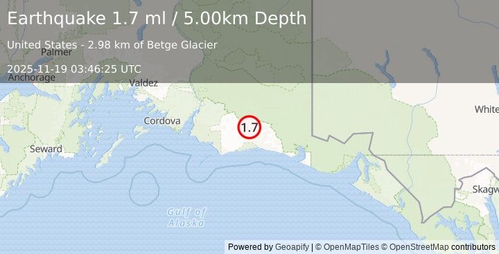 Earthquake 110 km S of McCarthy, Alaska (1.7 ml) (2025-11-19 03:46:25 UTC)