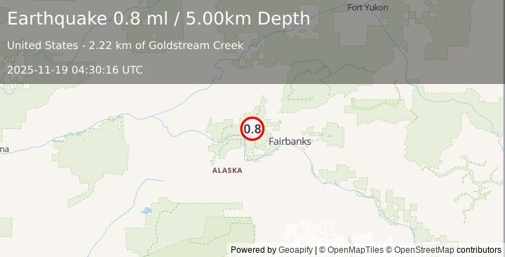 Earthquake 27 km SE of Minto, Alaska (0.8 ml) (2025-11-19 04:30:16 UTC)