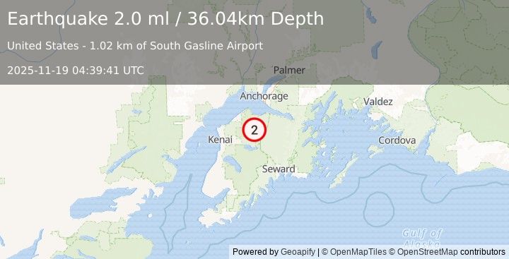 Earthquake 31 km NW of Cooper Landing, Alaska (2.0 ml) (2025-11-19 04:39:41 UTC)