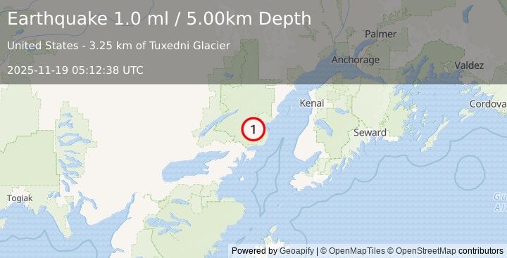 Earthquake 68 km E of Port Alsworth, Alaska (1.0 ml) (2025-11-19 05:12:38 UTC)