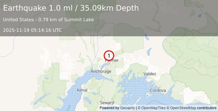 Earthquake 4 km WNW of Fishhook, Alaska (1.0 ml) (2025-11-19 05:14:16 UTC)