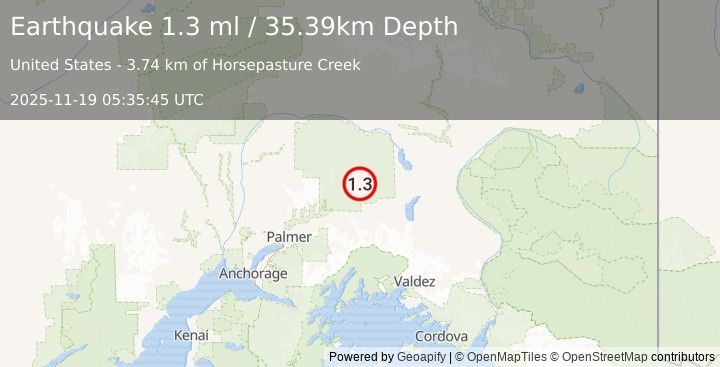 Earthquake 30 km NW of Eureka Roadhouse, Alaska (1.3 ml) (2025-11-19 05:35:45 UTC)