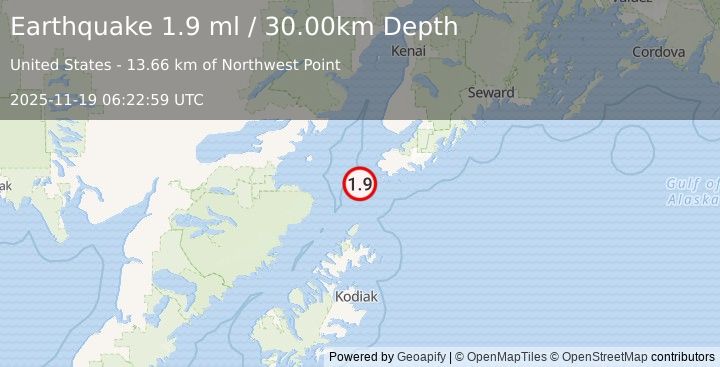 Earthquake 37 km SW of Nanwalek, Alaska (1.9 ml) (2025-11-19 06:22:59 UTC)