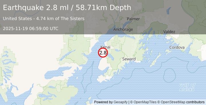 Earthquake 7 km WSW of Cohoe, Alaska (2.8 ml) (2025-11-19 06:59:00 UTC)