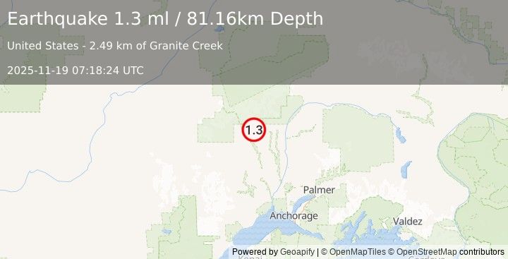 Earthquake 19 km W of Petersville, Alaska (1.8 ml) (2025-11-19 07:18:23 UTC)