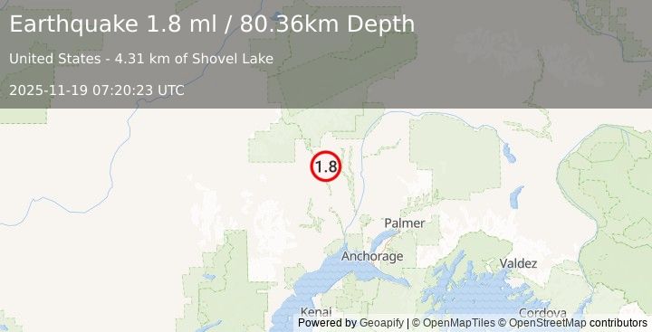 Earthquake 30 km SSW of Petersville, Alaska (1.8 ml) (2025-11-19 07:20:23 UTC)