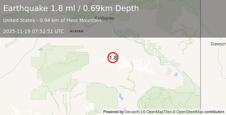 Earthquake 82 km SW of Delta Junction, Alaska (1.8 ml) (2025-11-19 07:52:51 UTC)