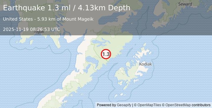 Earthquake 86 km NW of Karluk, Alaska (1.3 ml) (2025-11-19 08:26:53 UTC)