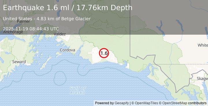 Earthquake 112 km S of McCarthy, Alaska (1.6 ml) (2025-11-19 08:44:43 UTC)