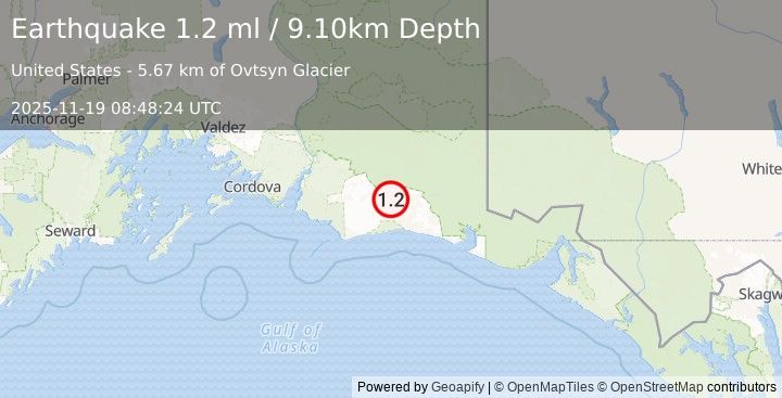 Earthquake 113 km S of McCarthy, Alaska (1.2 ml) (2025-11-19 08:48:24 UTC)