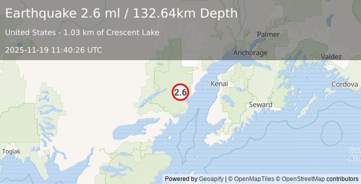 Earthquake 77 km ENE of Port Alsworth, Alaska (2.6 ml) (2025-11-19 11:40:26 UTC)