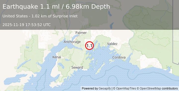 Earthquake 35 km NNE of Whittier, Alaska (1.1 ml) (2025-11-19 17:53:52 UTC)