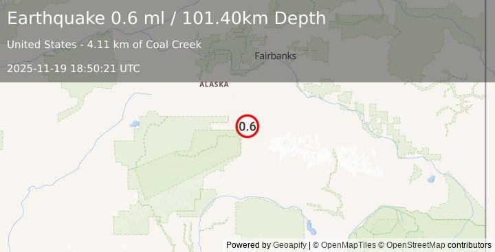 Earthquake 21 km E of Healy, Alaska (2.4 ml) (2025-11-19 18:50:21 UTC)